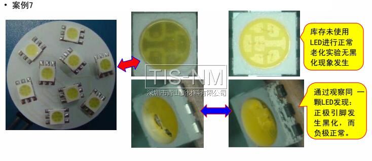 某客戶采用5050白光1#用于燈杯，經(jīng)貼板回流焊接放置一段時(shí)間后出現(xiàn)支架黑化