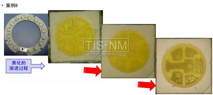 某客戶采用5050白光2#用于照明燈具，經(jīng)貼板回流焊接放置一段時(shí)間后出現(xiàn)支架黑化