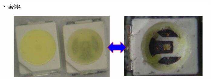 某客戶采用3528白光4#用于LED燈管，經(jīng)貼板回流焊接放置一段時(shí)間后出現(xiàn)支架黑化