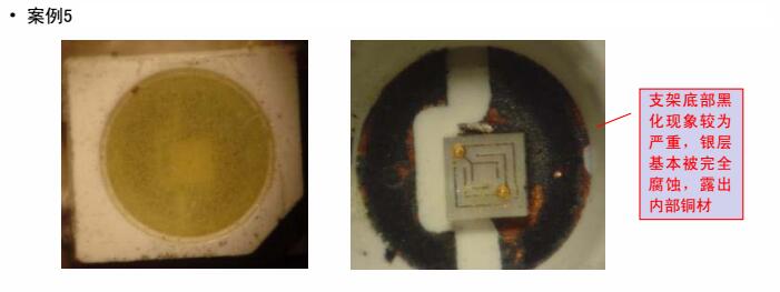 某客戶采用3528白光5#用于照明燈具，經(jīng)貼板回流焊接放置一段時(shí)間后出現(xiàn)支架黑化